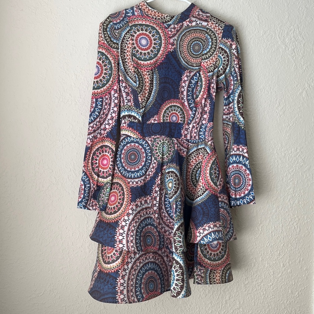 CQbyCQ Blue , green Print Mock Neck Dress padded shoulders, long Sleeves